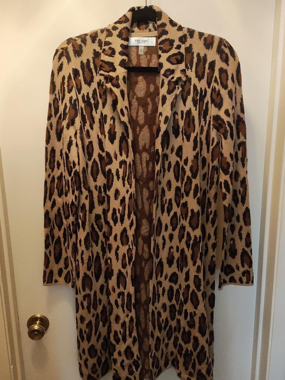 Jones Studio Leopard Print Open-Front Cardigan in Tan and Brown